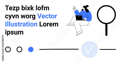 Man sitting with laptop, text in black and blue, large magnifying glass, checkmark over circle, and three progress indicator circles. Ideal for online courses, tech websites, UXUI design, interface