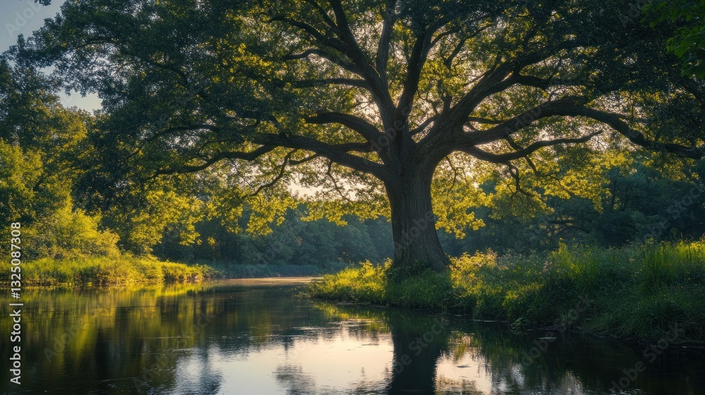 Sunlit majestic oak tree reflected in river's gentle flow at golden hour Sunlit majestic oak tree reflected in river's gentle flow at golden hour