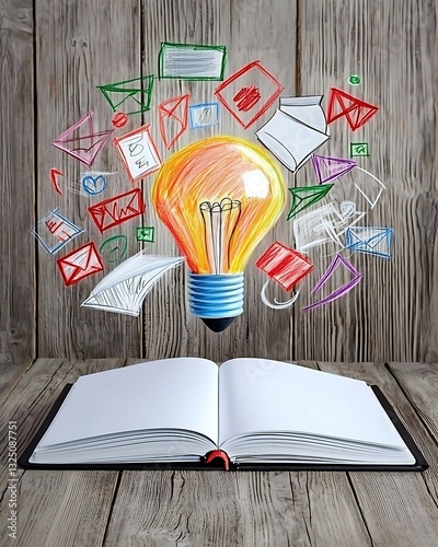 An open book with a glowing light bulb above, surrounded by colorful doodles of letters and envelopes, symbolizing creativity and communication. joy amazement creativity