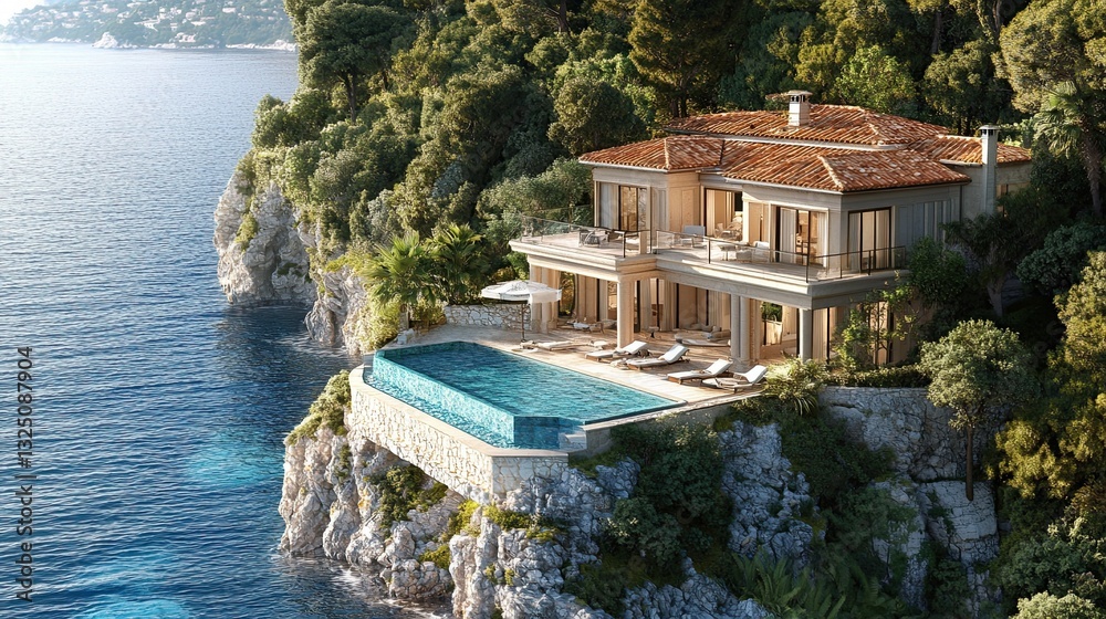 Naklejka premium A Mediterranean villa perched on a hilltop offers a luxurious view of the azure sea and a spacious, sun-drenched outdoor area with a large swimming pool. --