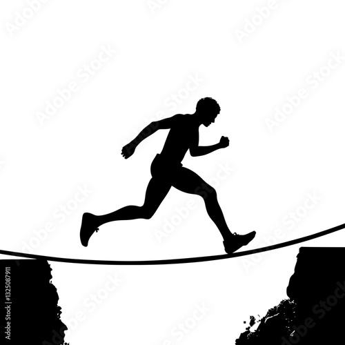 Minimalistic Vector Art of a Man Running on a Tightrope Surrounded by Abstract Patterns
