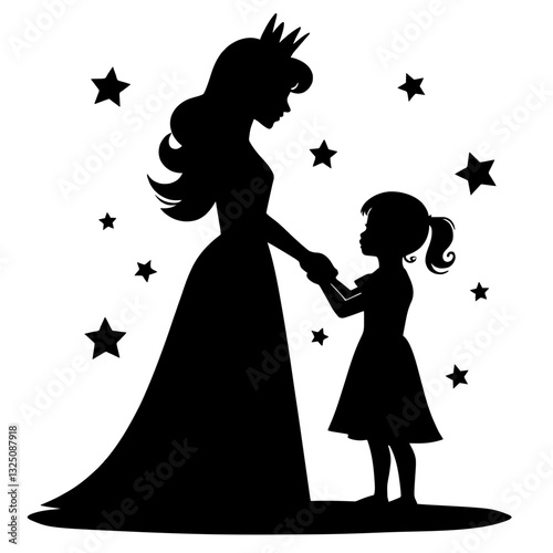 Seamless Pattern Featuring the Enchanting Silhouette of a Princess and a Little Girl Under a Starlit Green Sky for Whimsical Designs