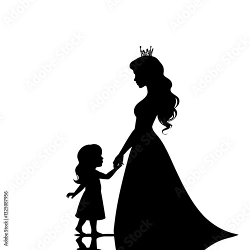 Seamless Pattern Featuring the Enchanting Silhouette of a Princess and a Little Girl Under a Starlit Green Sky for Whimsical Designs