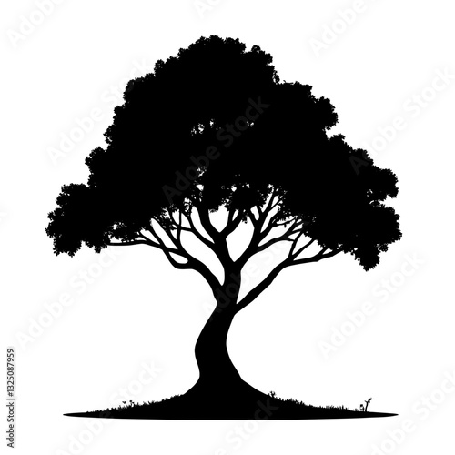 An illustration featuring a black tree silhouette set against a clean white background showing a tree with spreading branches and detailed leaf patterns.