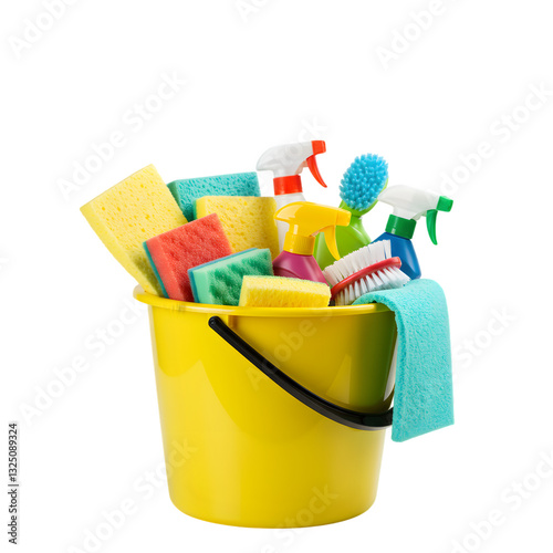 Bright Cleaning Supplies in a Yellow Bucket