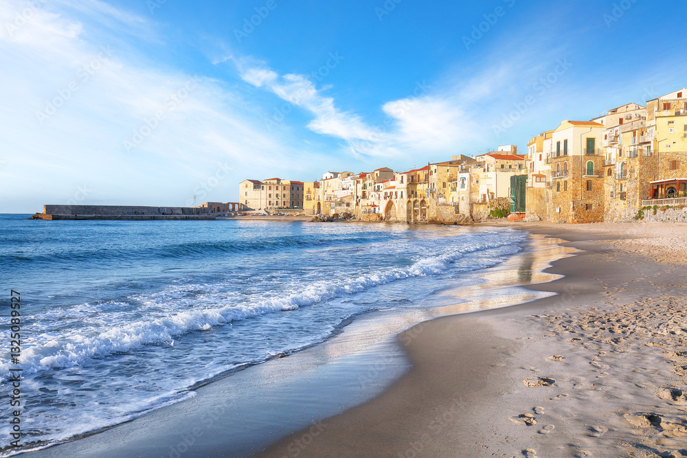 Sightseeing cityscape of Cefalu city. Popular travel destination of Mediterranean sea.
