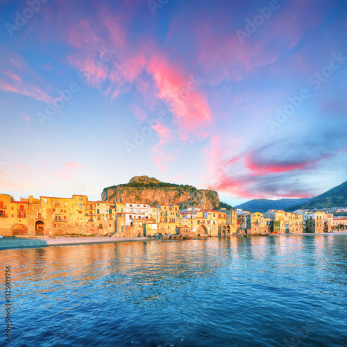 Picturesque evening cityscape of Cefalu city. Popular travel destination of Mediterranean sea.
