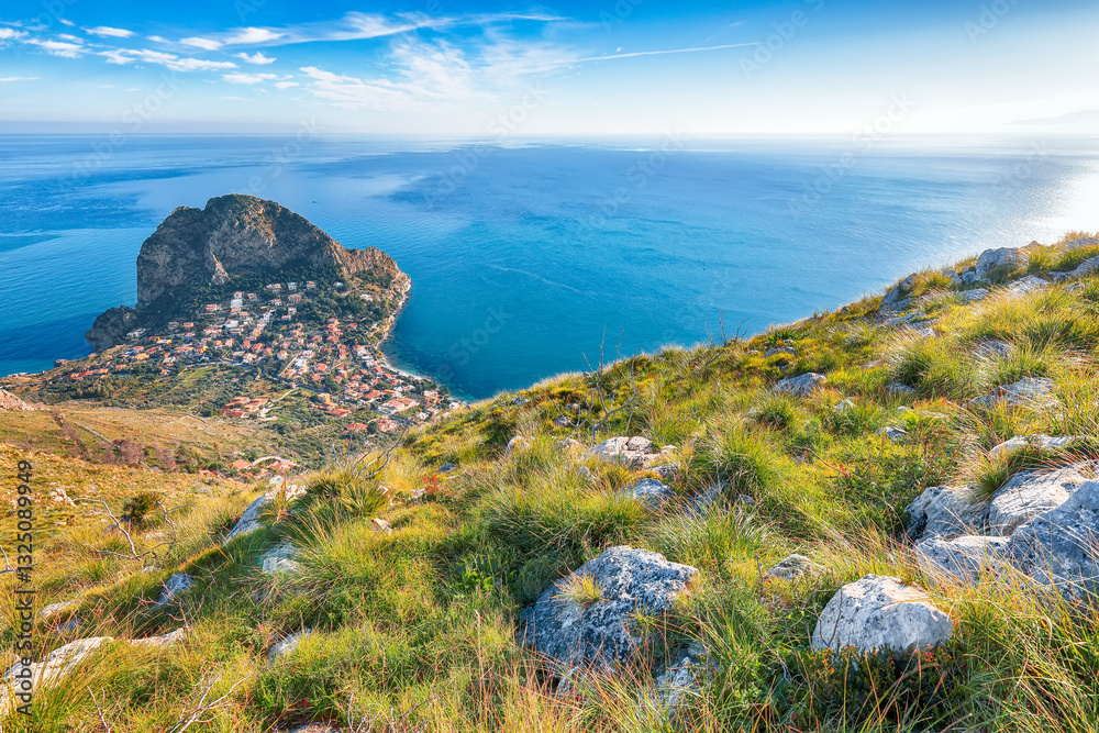 Spectacular view of Santa Flavia town with cape Zafferano and national park Orientata Pizzo Cane.