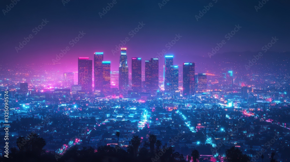 Obraz premium A vibrant cityscape is illuminated with neon colored lights at night
