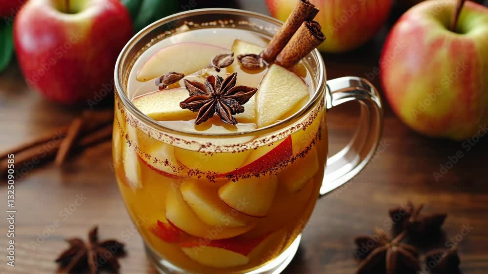 Hot spiced apple cider: cinnamon, anise, and fresh apples in a glass mug on wooden table