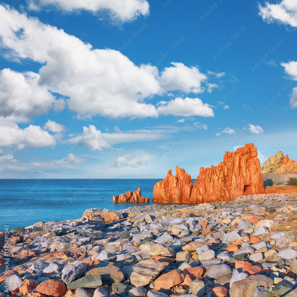 Exciting sunset view of Red Rocks (Rocce Rosse) in Arbatax.