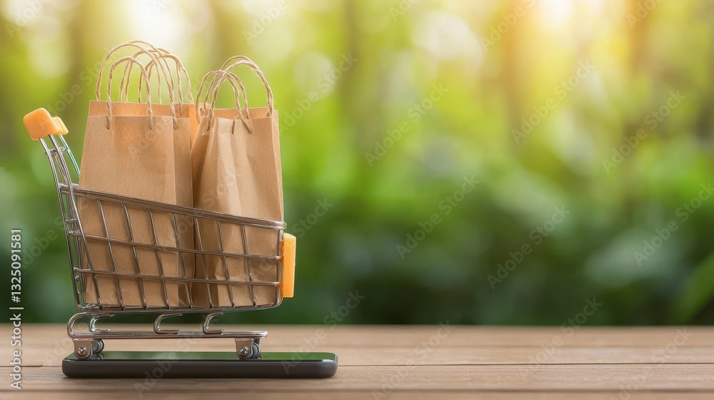 Online Shopping Convenience: Miniature Cart with Paper Bags on Smartphone Online Shopping Convenience: Miniature Cart with Paper Bags on Smartphone