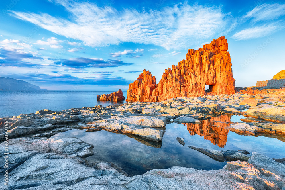 Impressive sunset view of Red Rocks (Rocce Rosse) in Arbatax.