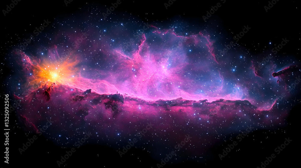 Fototapeta premium Cosmic Nebula Displaying Vibrant Pink And Blue Hues With Bright Starburst Lighting On Black Background