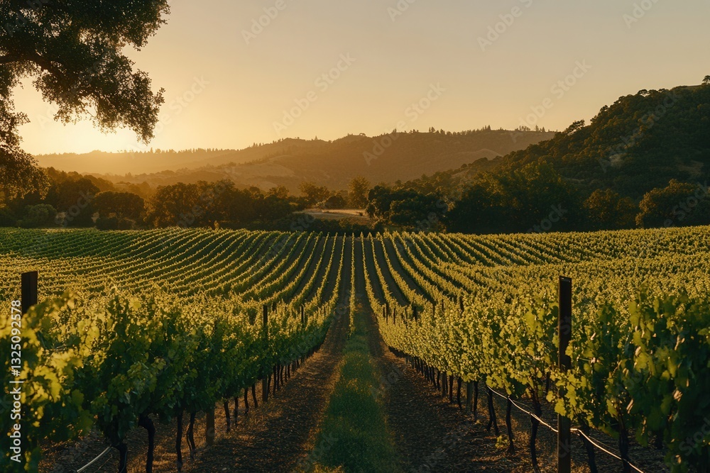 Naklejka premium Vibrant vineyard rows basking in warm sunset hues with lush green vines under a calming sky