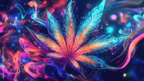 A psychedelic cannabis leaf surrounded by colorful neon lights