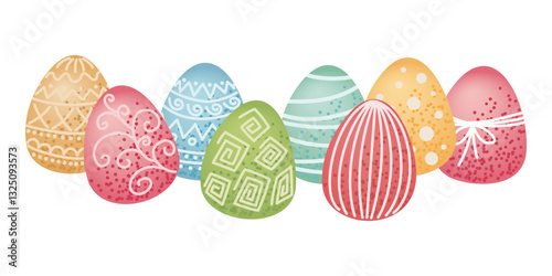 Easter eggs with decorative patterns. Horizontal row of Easter eggs. Easter celebration and springtime holidays.