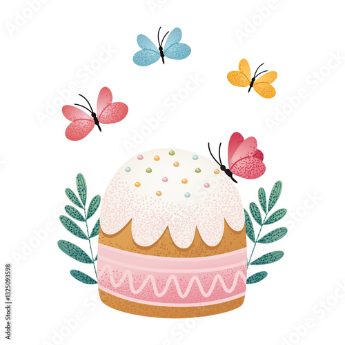 Easter Cake with icing and sprinkles, surrounded by colorful butterflies and leaves. Traditional Easter cake. Vector Illustration