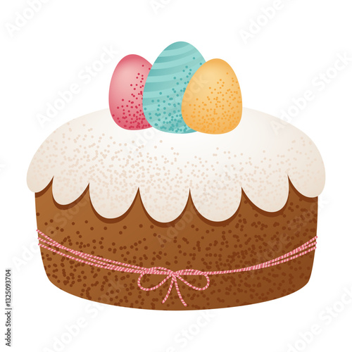 Easter cake with white icing and colorful eggs on top, decorated with ribbon. Traditional holiday dessert. Easter celebration and springtime holidays.