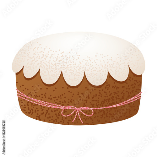 Traditional Easter cake with white icing and a pink ribbon on a white background. Festive holiday dessert. Easter celebration and springtime holidays.