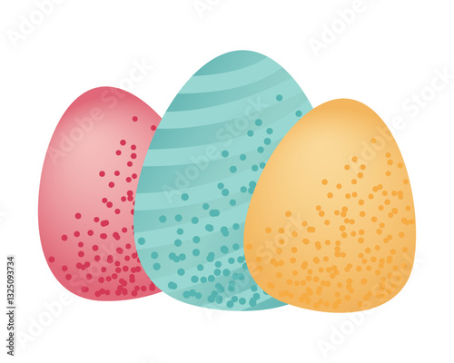 Three large colorful Easter eggs in closeup view with decorative texture. Festive holiday design. Easter celebration and springtime holidays.