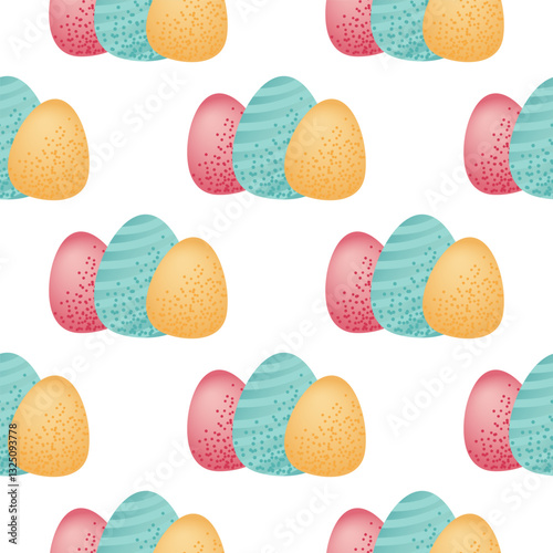 Seamless pattern with pastel colored Easter eggs on a white background. Decorative holiday design. Easter celebration and springtime holidays.