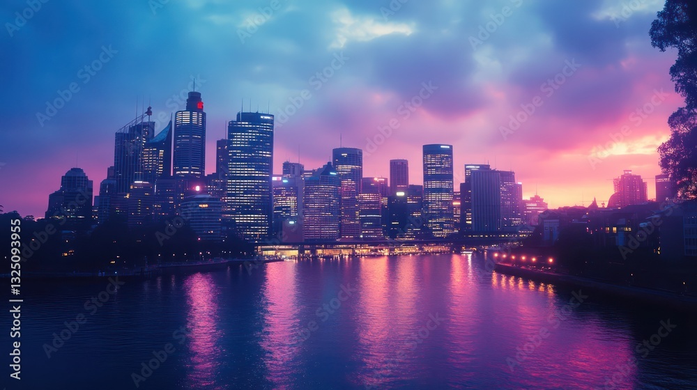 Naklejka premium The Metropolitan Skyline Illuminated by a Gorgeous Sunset Over Water