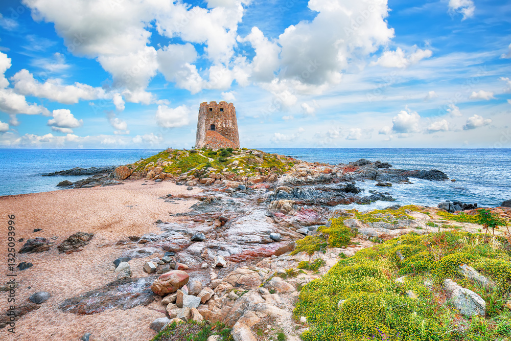 Impressive view of Bari Sardo tower in the Gulf of Orosei.