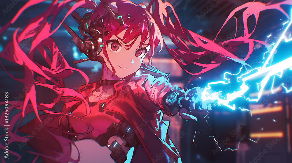 Futuristic character wielding energy in a high-tech setting, showcasing vibrant colors and dynamic action