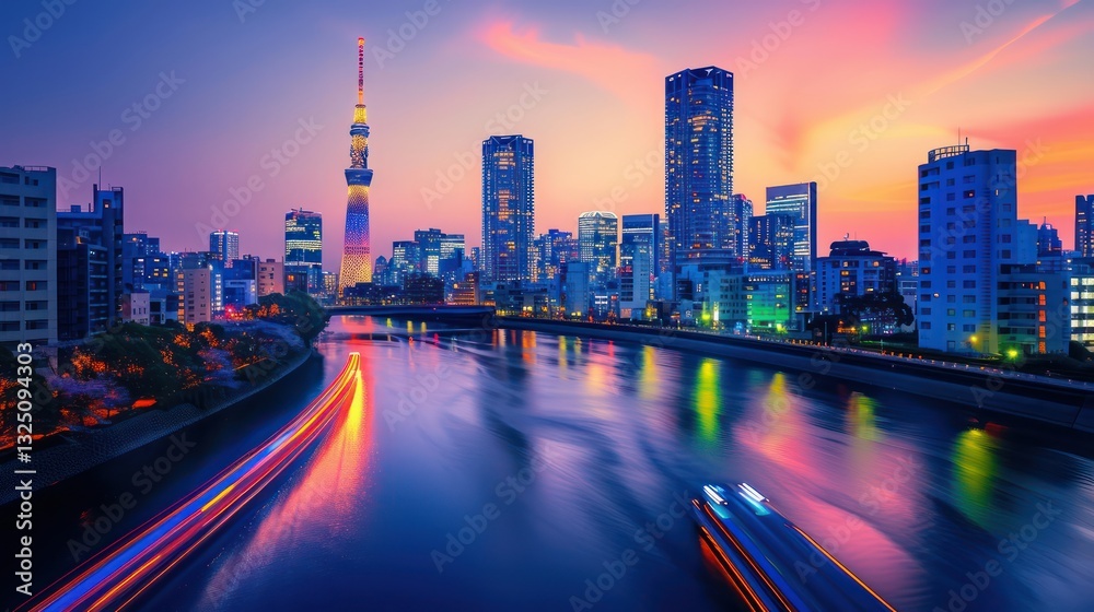 Fototapeta premium The beautiful city skyline reflects upon the calm flowing river