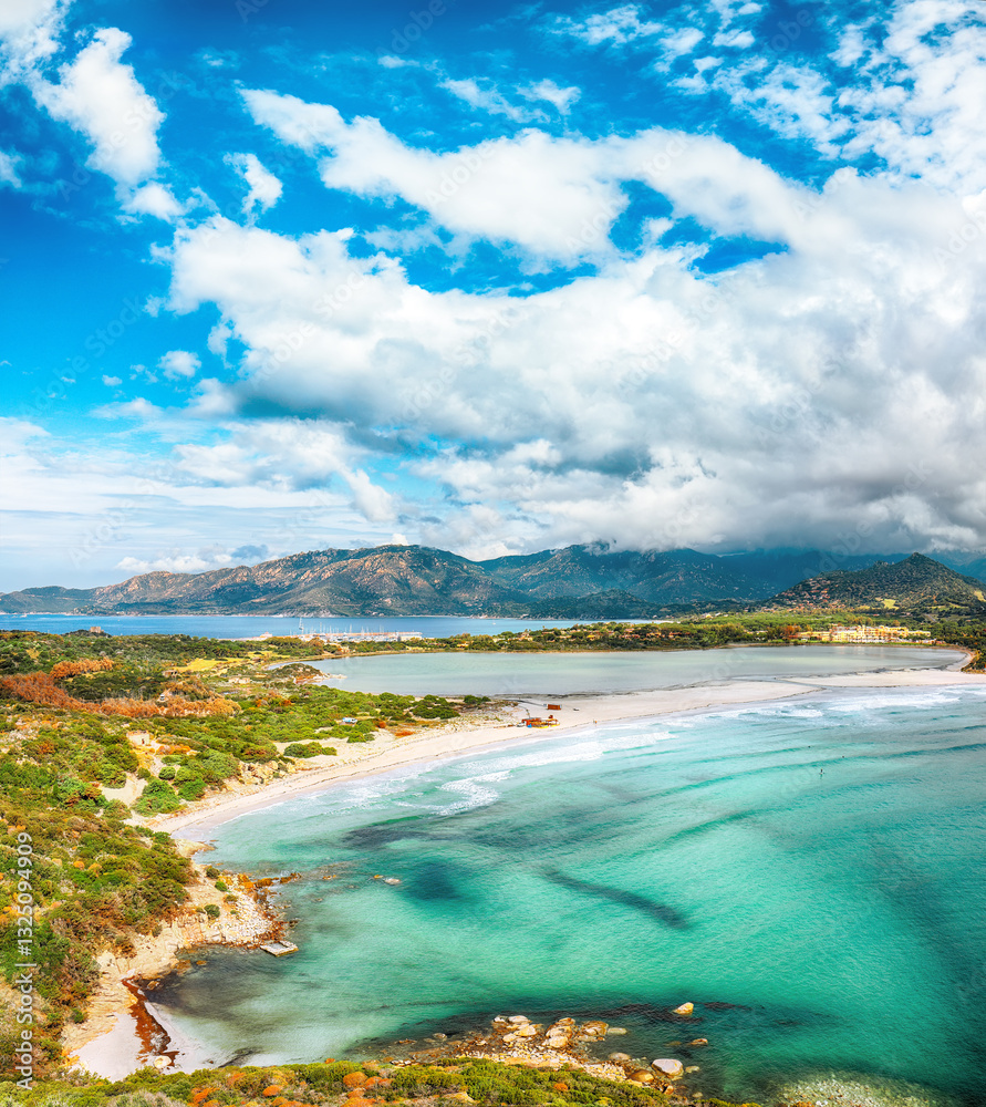 Impressive view on Lagoon of Porto Giunco with turquoise water.