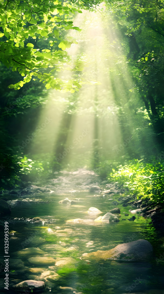 Fototapeta premium Sunlit Forest Stream Background Illustration