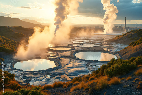 Geothermal landscape with industrial plants on background. Source of thermal energy from the earth with steam from the hot water surface.