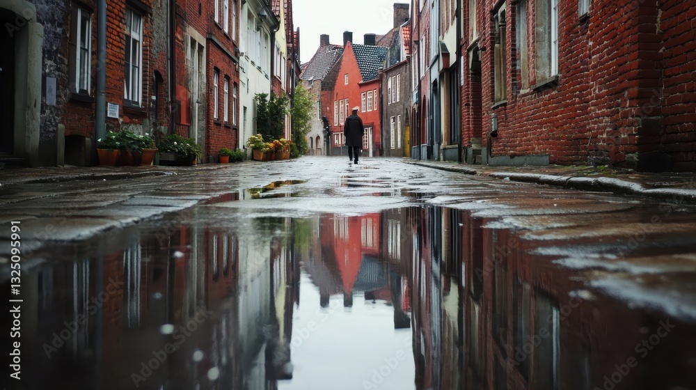 Fototapeta premium A person walks down a wet cobblestone street reflecting buildings