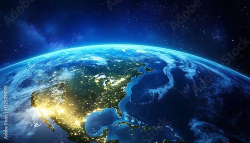 Earth's surface illuminated as seen from outer space, with lights