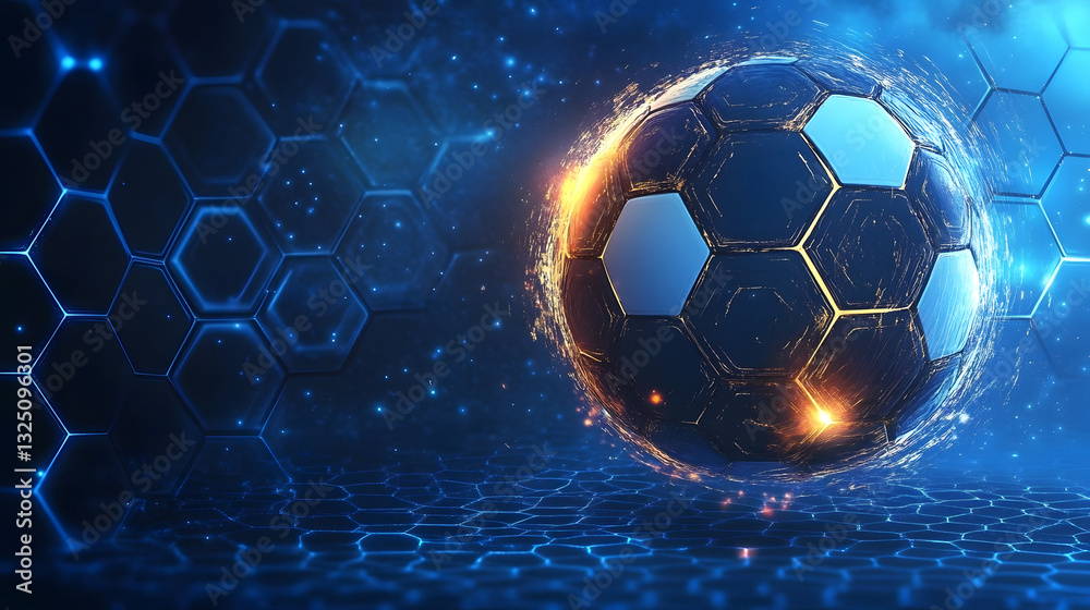 Naklejka premium An illustration featuring a glowing soccer ball against a blue background with a hexagonal grid pattern.