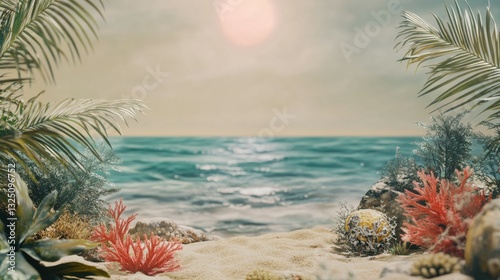 sandy seashore with palm trees, greenery, corals against the background of blurred sea with waves, sun, copy space