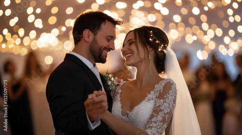 A newlywed couple dancing under twinkling string lights in an outdoor wedding