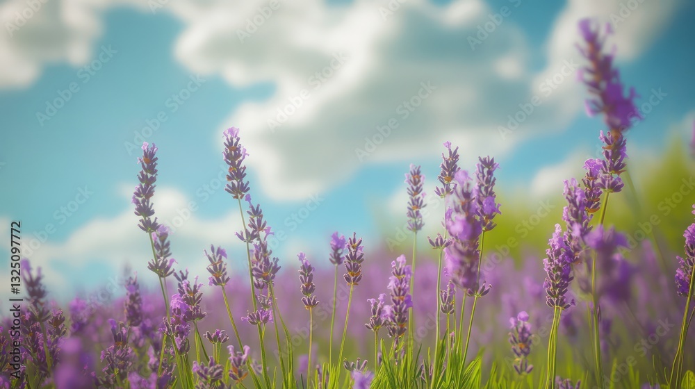 Naklejka premium Beautiful blooming purple lavender flowers growing towards a bright blue sky