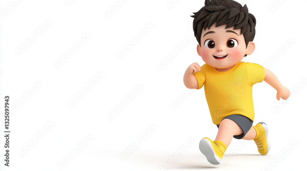 Joyful Cartoon Boy Running Energetically Against White Background Joyful Cartoon Boy Running Energetically Against White Background