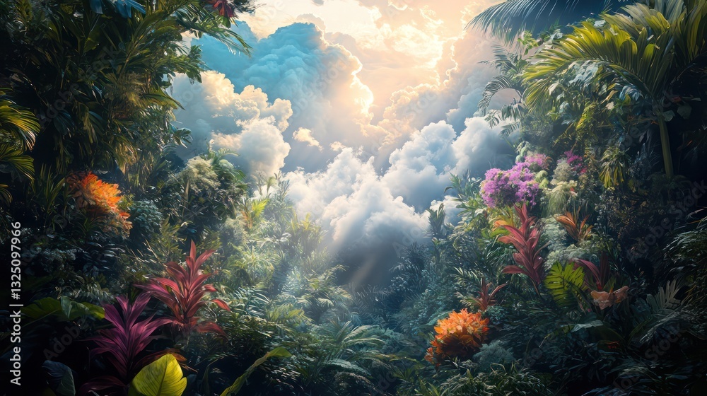 Obraz premium A lush tropical forest canopy opening to the bright sky