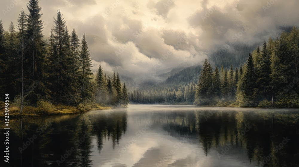 Fototapeta premium A tranquil lake surrounded by evergreen trees and mountains