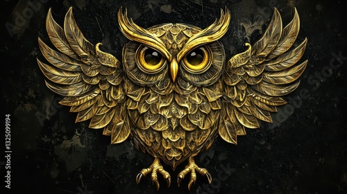 A Detailed Golden Owl Statue Displayed Beautifully Against Black Background