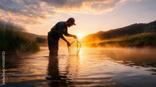 A fisherman standing in a shallow river, casting his net at sunrise