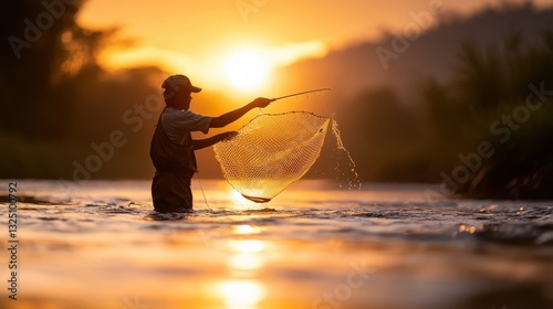 A fisherman standing in a shallow river, casting his net at sunrise