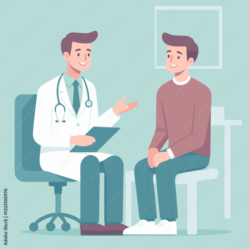 A cheerful doctor in a white coat consulting a male patient in a friendly setting
A cheerful doctor in a white coat consulting a male patient in a friendly setting