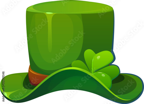 Leprechaun top hat for Saint Patrick day or Irish holiday, vector cartoon symbol. Leprechaun green top hat or cylinder with shamrock clover buckle for Ireland traditional holiday of St Patrick day