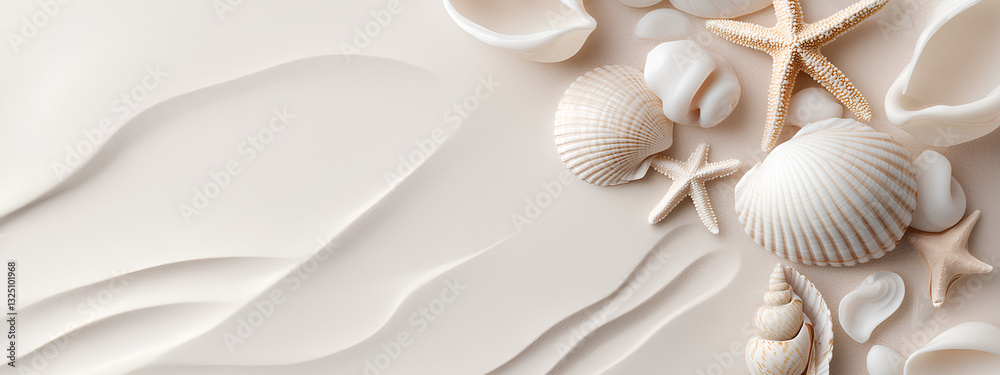 A collection of seashells and starfish on soft sand with gentle waves in the background A collection of seashells and starfish on soft sand with gentle waves in the background