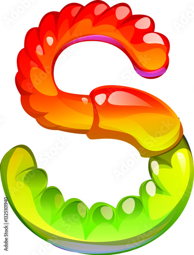 Fast food jelly worm snack alphabet font letter S. Takeaway menu appetizer typeface letter, fast food cafe snack vector English alphabet element. Dessert kids ABC font symbol or font typeset letter