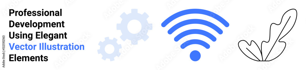 Blue wireless signal icon, light gray gears, and abstract leaf outline highlighting connectivity, progress, and innovation. Ideal for tech blogs, communication, automation, e-learning branding Blue wireless signal icon, light gray gears, and abstract leaf outline highlighting connectivity, progress, and innovation. Ideal for tech blogs, communication, automation, e-learning branding